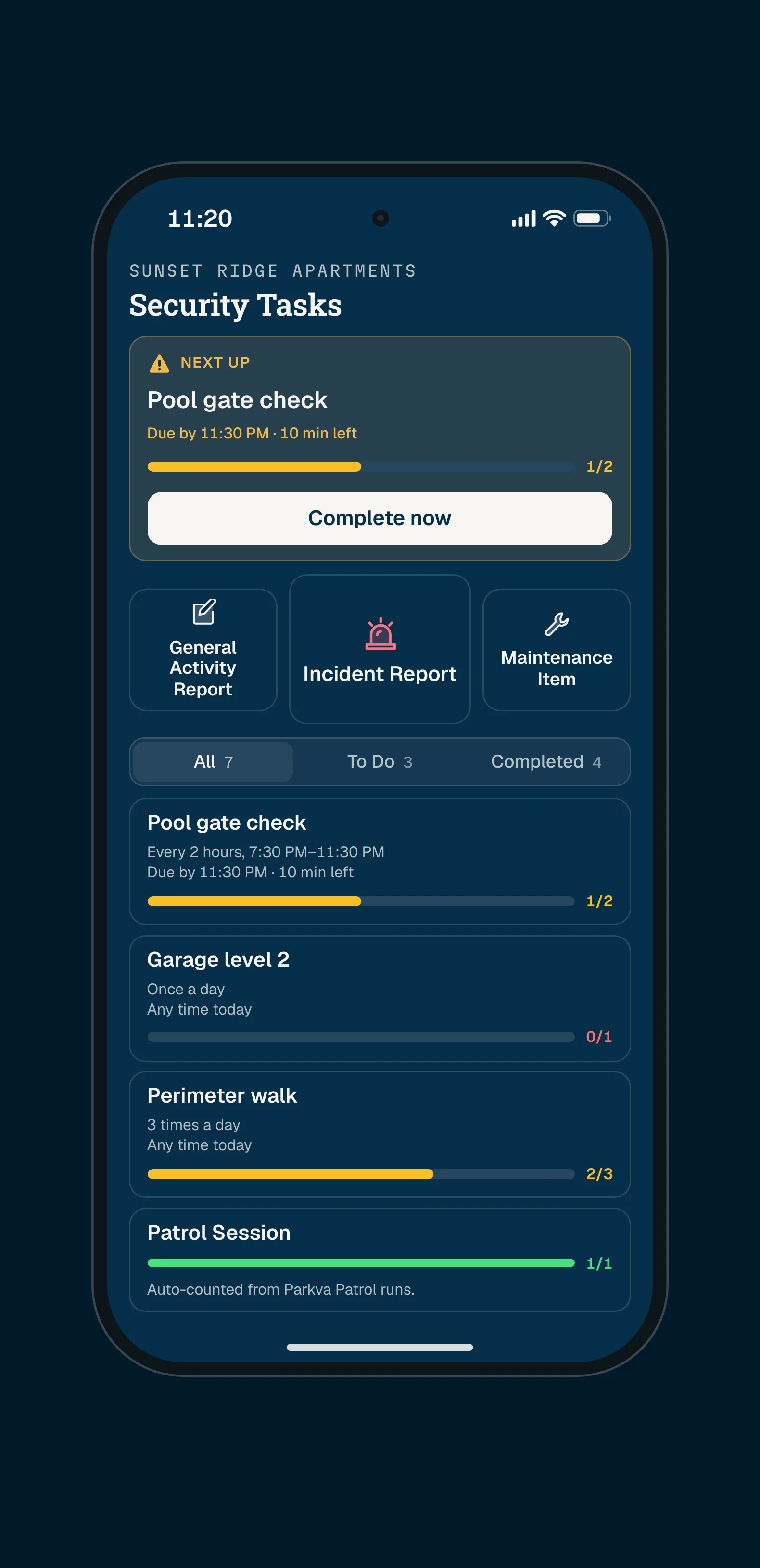 A guard’s phone at 11:20 PM at Sunset Ridge. Next up: the pool gate check, 10 minutes left. Report buttons, then tasks graded red to green; Patrol counts itself. Demo data.
