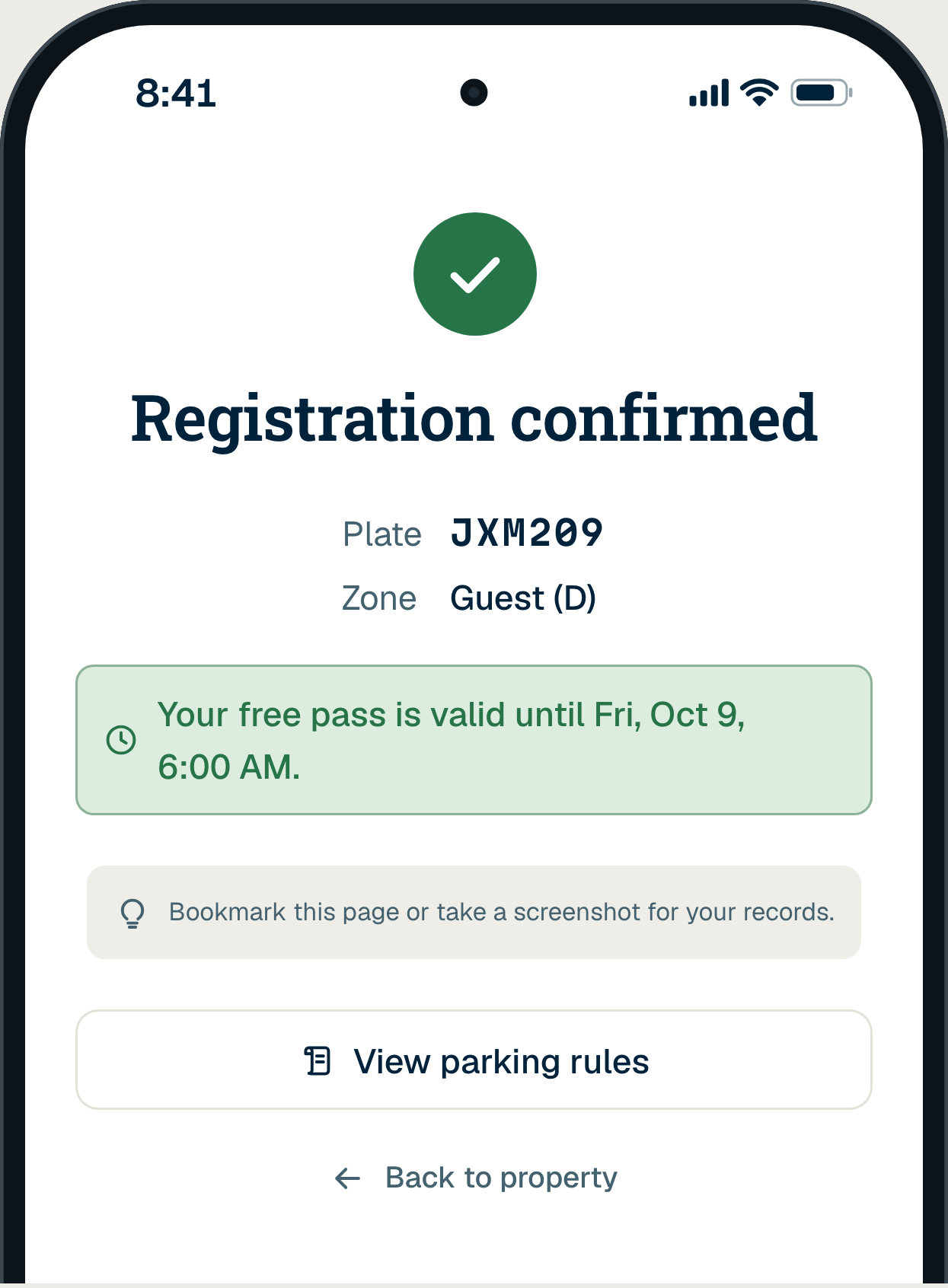 A guest’s phone at 8:41 PM: Registration confirmed. Plate JXM209, Guest (D). Your free pass is valid until Fri, Oct 9, 6:00 AM.