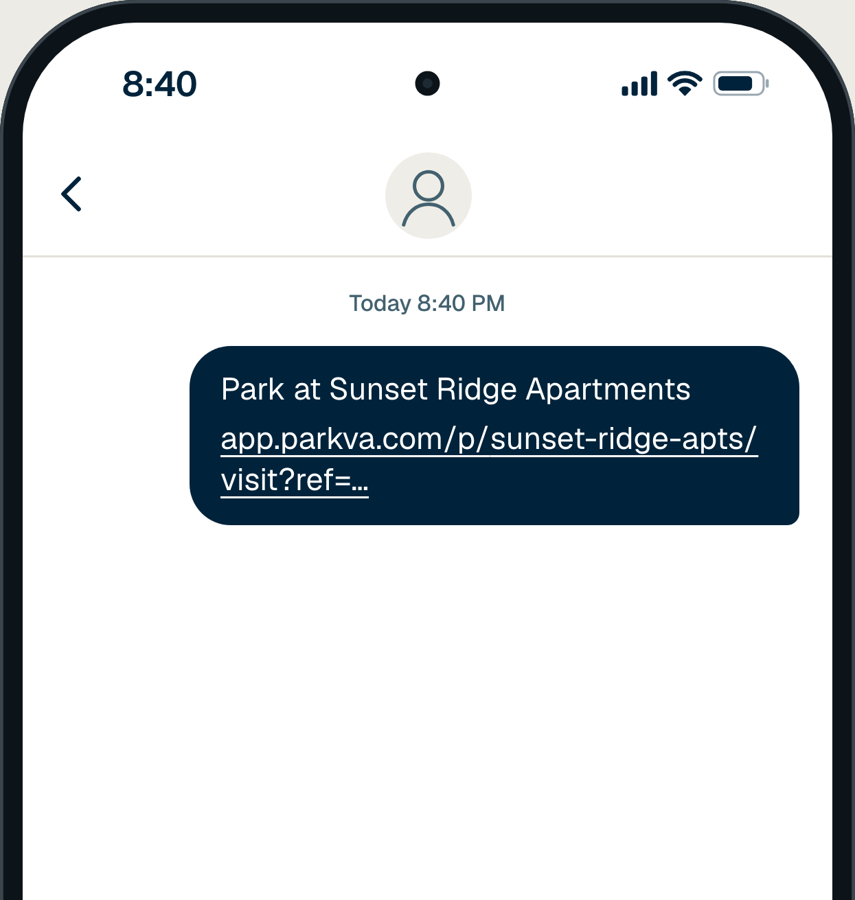 A resident’s own Messages thread at 8:40 PM. They text their guest the home’s guest link: Park at Sunset Ridge Apartments, with the link to register free.