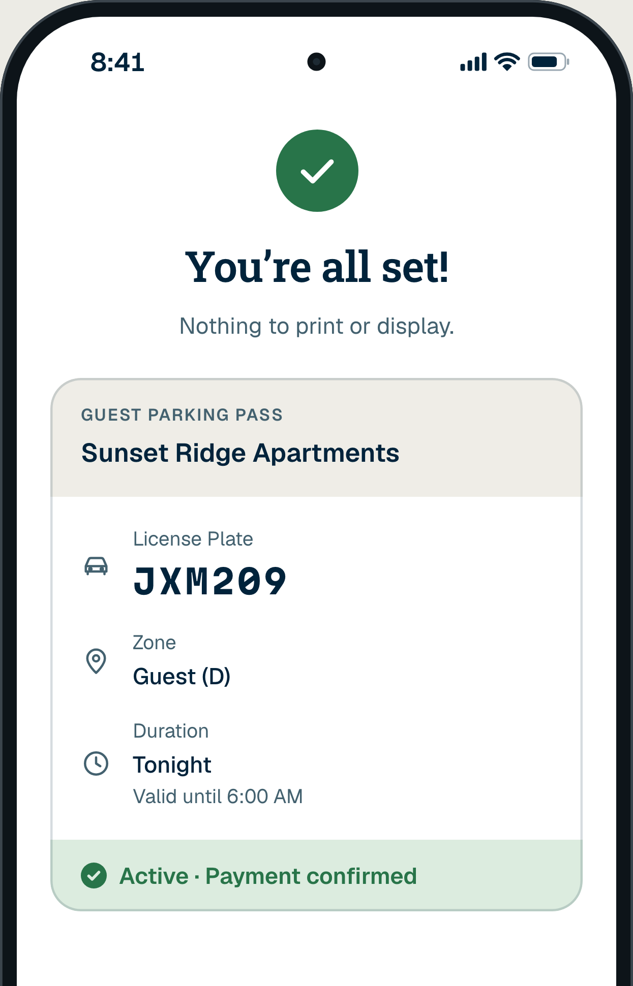 A guest’s phone at 8:41 PM: You’re all set! The Guest Parking Pass at Sunset Ridge Apartments, JXM209, Guest (D), Tonight, valid until 6:00 AM. Active, payment confirmed.