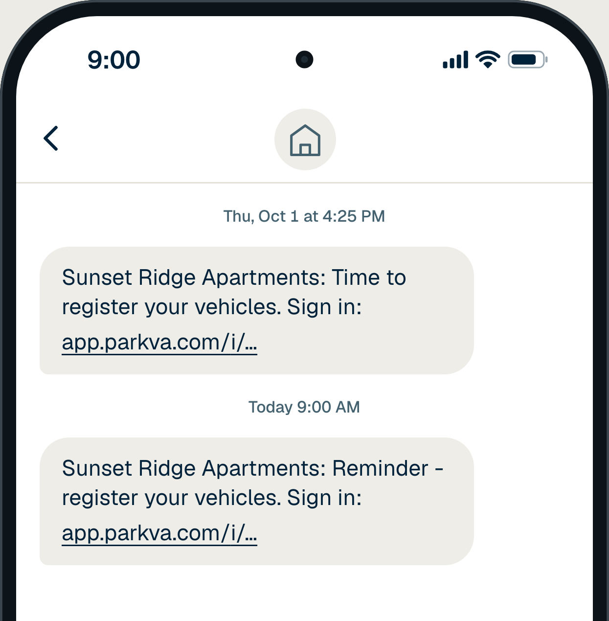 A resident’s phone at 9:00 AM: Sunset Ridge Apartments’ Oct 1 text, Time to register your vehicles, and today’s reminder, each with a sign-in link. A drawing on demo data.