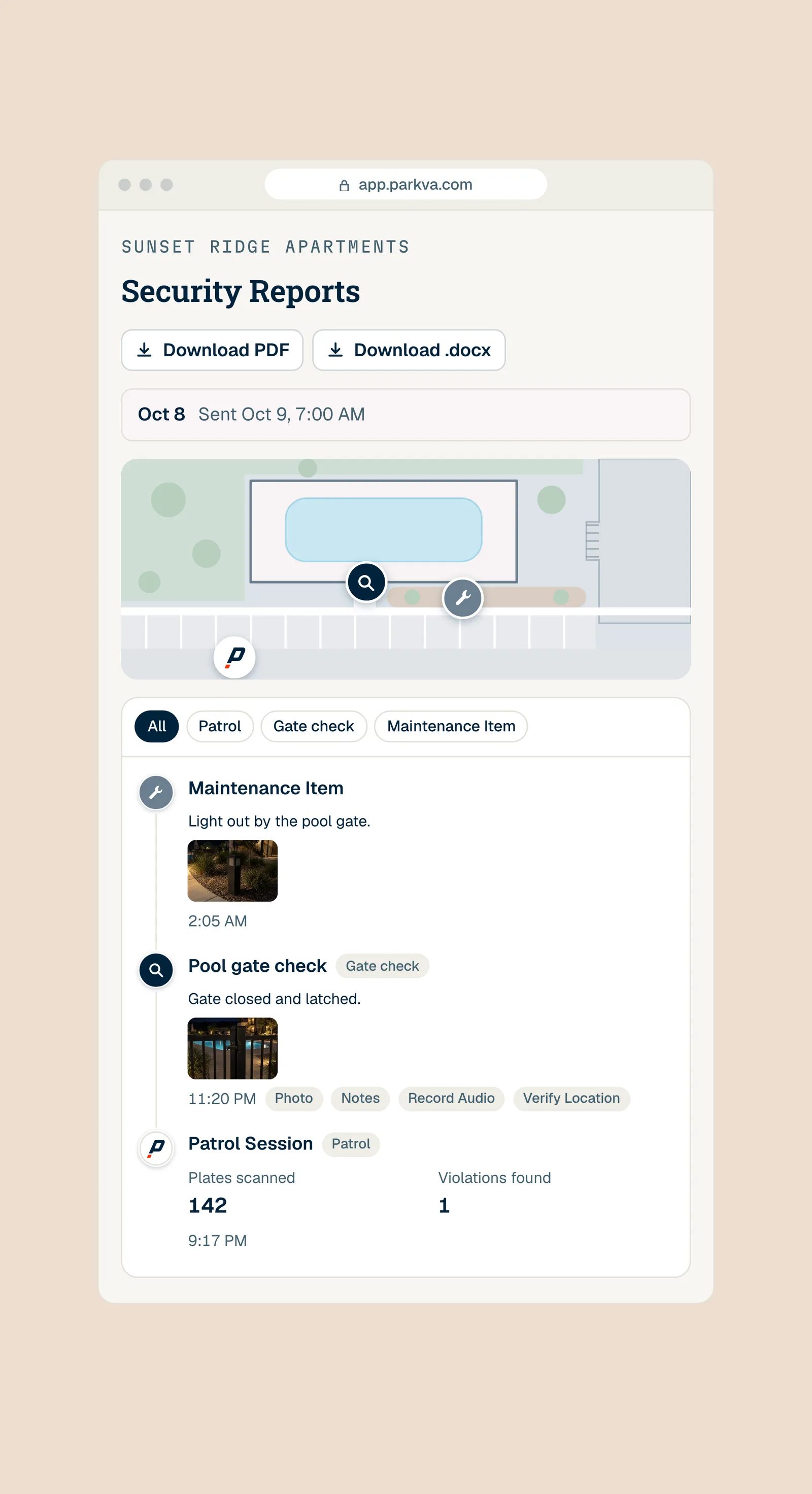 The October 8 security report, sent 7:00 AM: a light out by the pool gate, the pool gate checked, and a 9:17 PM patrol of 142 plates, 1 violation, with photos and a map. Demo data.