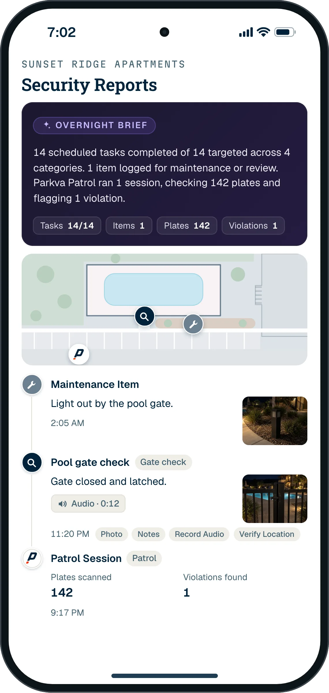 A manager’s phone at 7:02 AM: Sunset Ridge’s Overnight Brief, 14 of 14 tasks, 1 item, 142 plates, 1 violation, a map of the night’s three pins, and its three entries. Demo data.