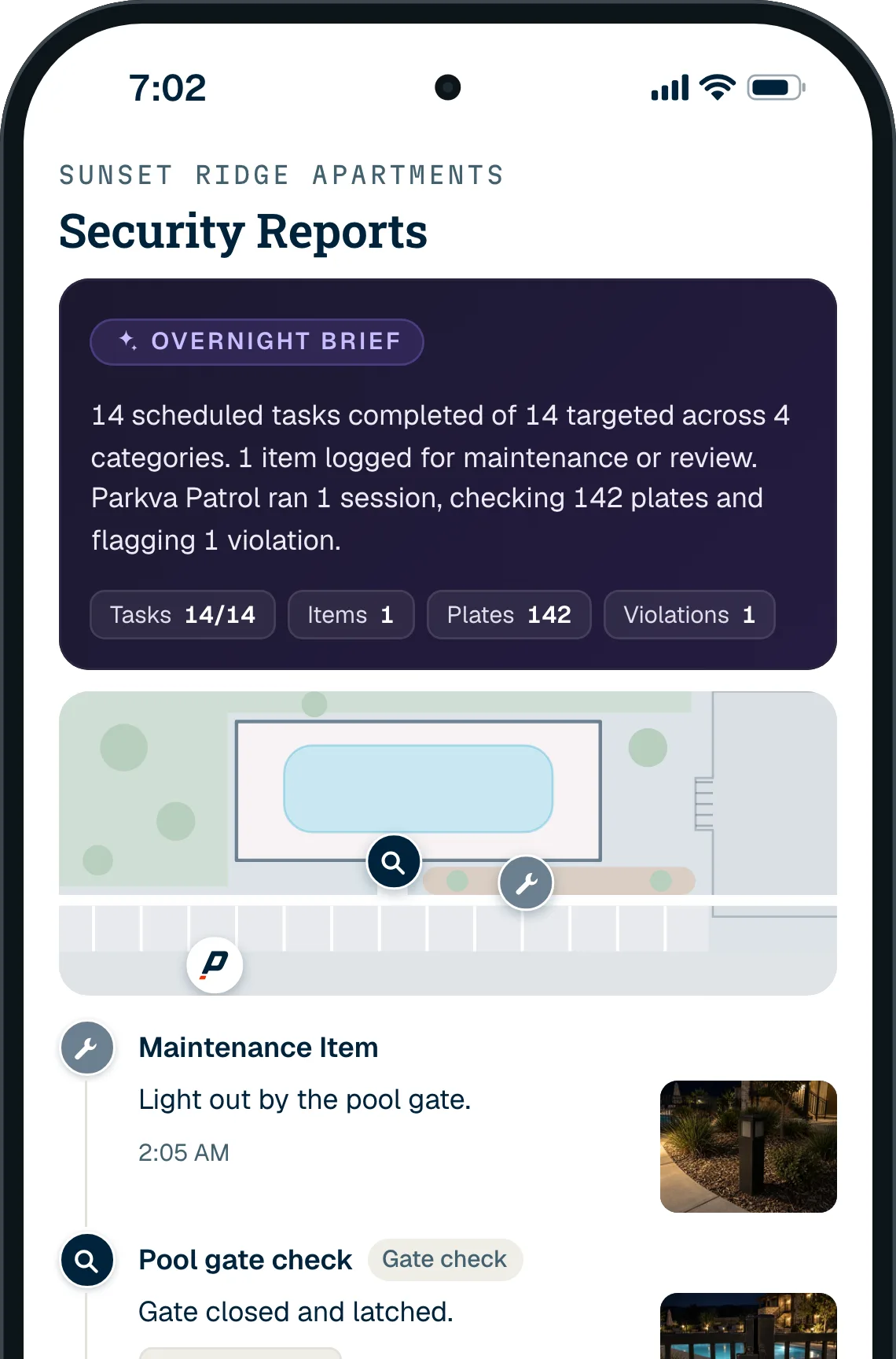 A manager’s phone at 7:02 AM: Sunset Ridge’s Overnight Brief, 14 of 14 tasks, 1 item, 142 plates, 1 violation, over a map of the night’s three pins. Demo data.