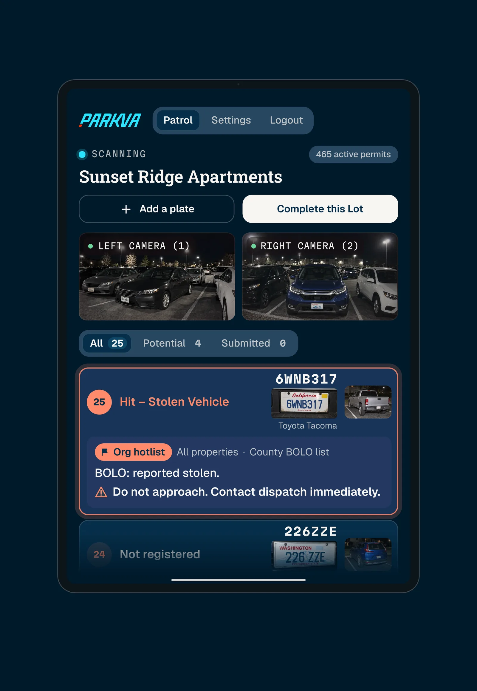 The Patrol tablet at Sunset Ridge, 9:44 PM: a hotlist hit for a stolen vehicle, 6WNB317, with its BOLO and instructions: do not approach, contact dispatch. Demo data.