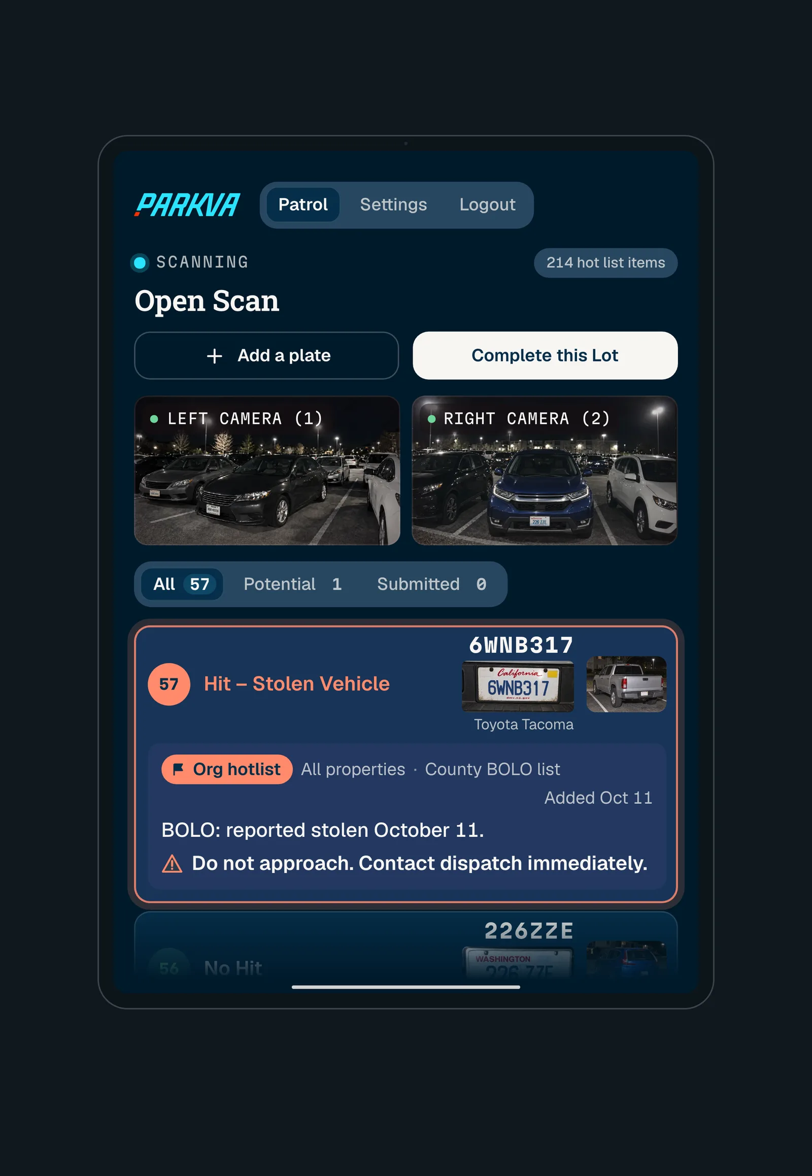 The Patrol tablet in Open Scan. The newest read, 6WNB317, is a hotlist hit for a stolen vehicle, with its BOLO and instructions: do not approach, contact dispatch. Demo data.