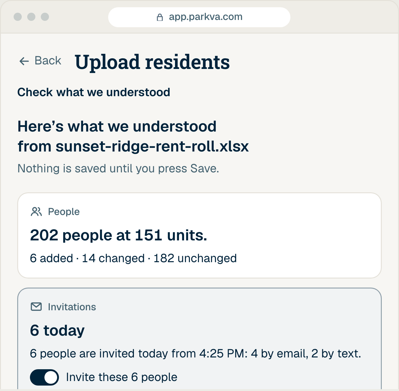 The office’s read-back of a rent roll at Sunset Ridge Apartments before anything is saved: 202 people at 151 units, and 6 invited today, 4 by email and 2 by text.