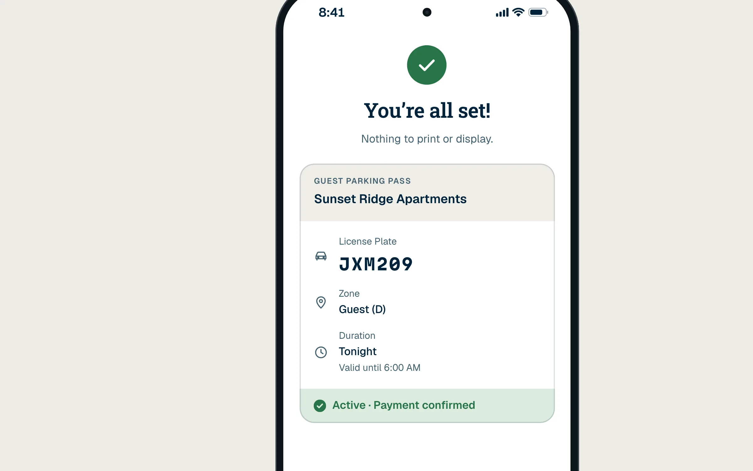 A guest’s phone at 8:41 PM after paying: You’re all set! The Guest Parking Pass at Sunset Ridge Apartments, JXM209, Guest (D), Tonight, valid until 6:00 AM, active.