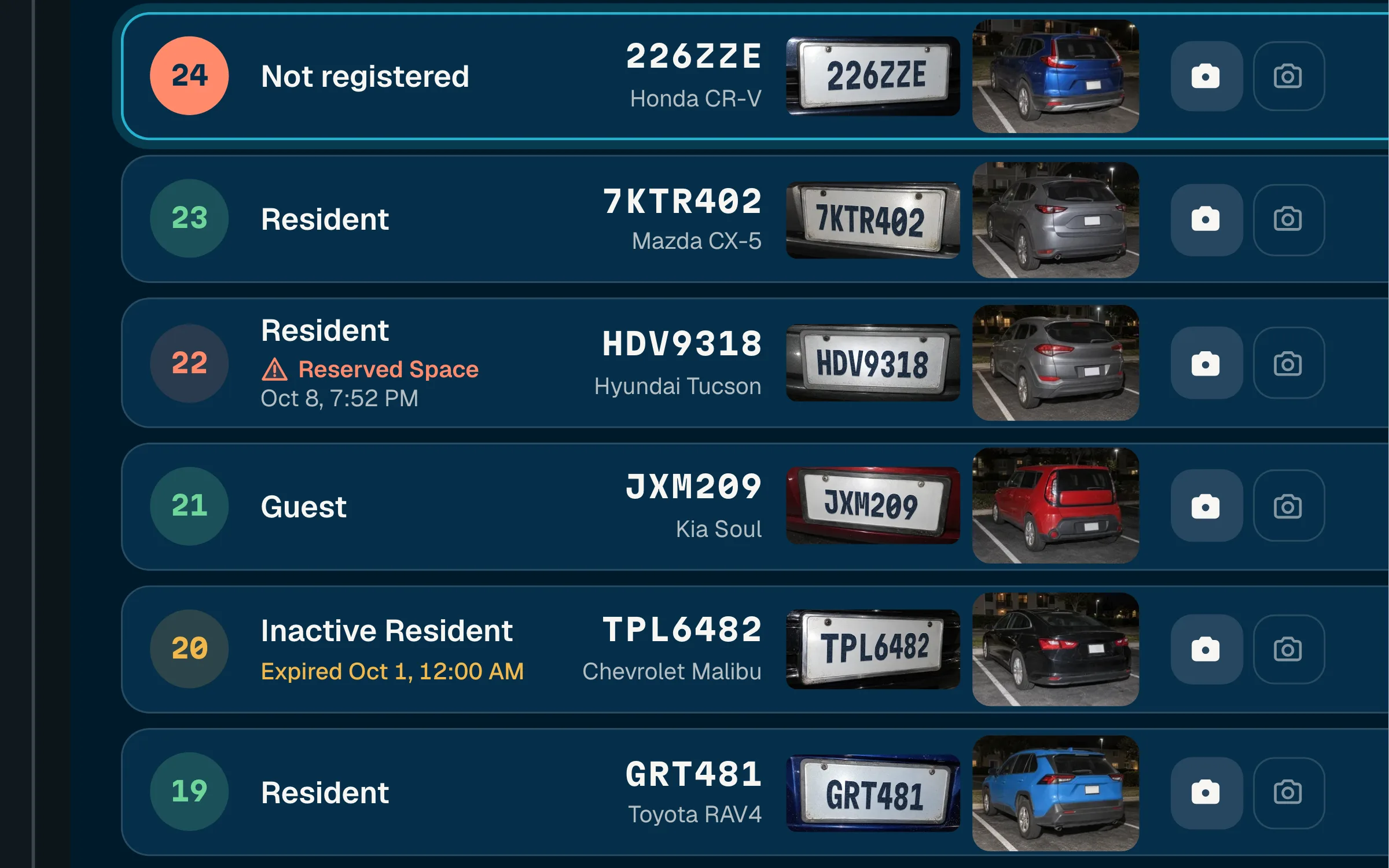 The Patrol tablet in the vehicle at Sunset Ridge Apartments at 9:41 PM: read 21, JXM209, a Kia Soul, reads as a guest, its plate grab, and a photo of the red car beside it.