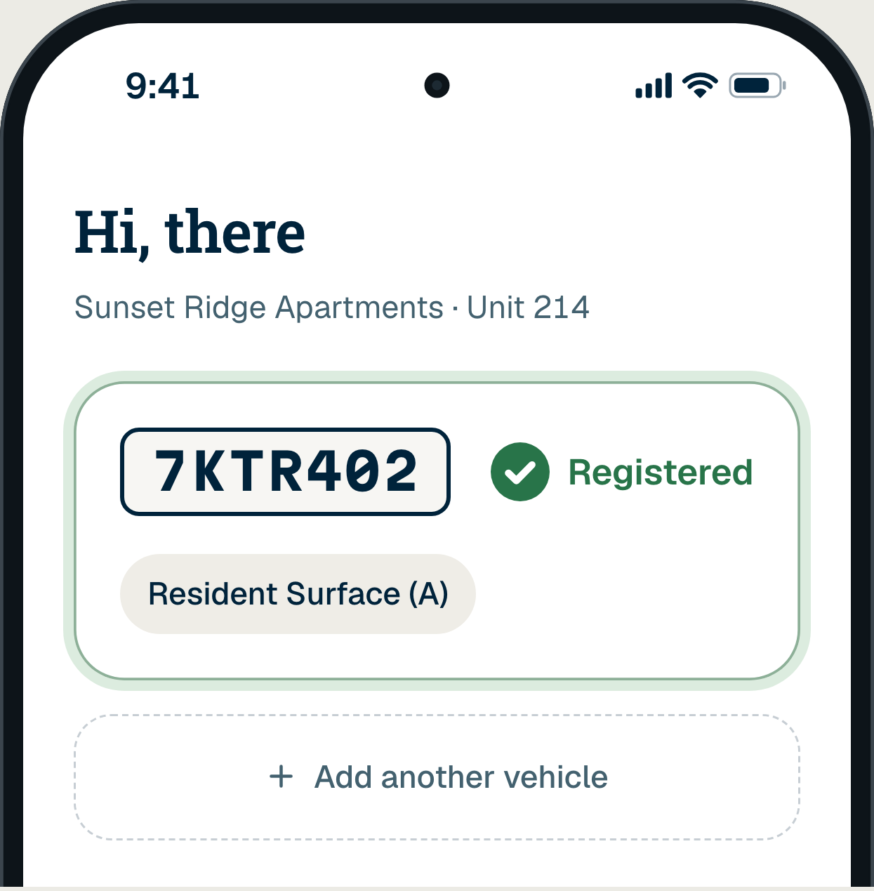 A resident’s phone, their Sunset Ridge Apartments home: Hi, there, Unit 214, and the vehicle the property has on file, 7KTR402, Registered, in Resident Surface (A).