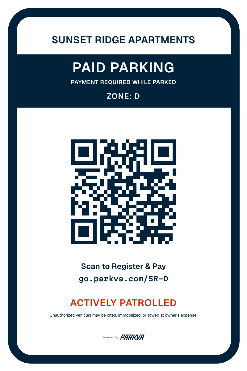 The printed sign for the Guest zone at Sunset Ridge Apartments: Paid parking, Zone D, a QR code over Scan to Register & Pay and go.parkva.com/SR-D, Actively patrolled.