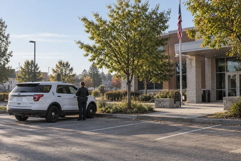 An officer beside a patrol vehicle in a civic setting, in daylight. A generated scene.