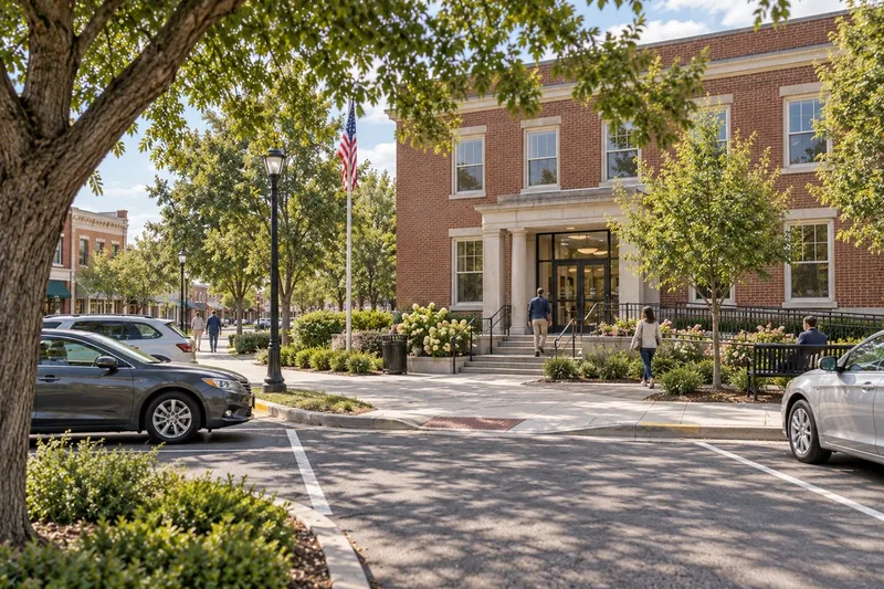 A brick civic building with curbside parking and people walking in, in daylight. A generated scene.