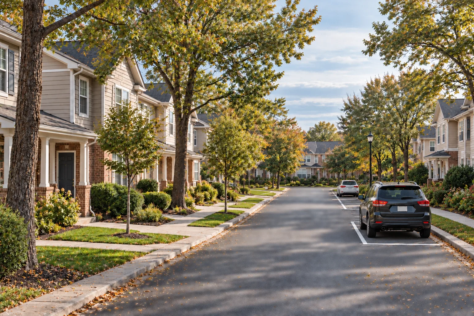 A tree-lined HOA street in late afternoon light, townhomes on both sides, and cars in their driveways.
