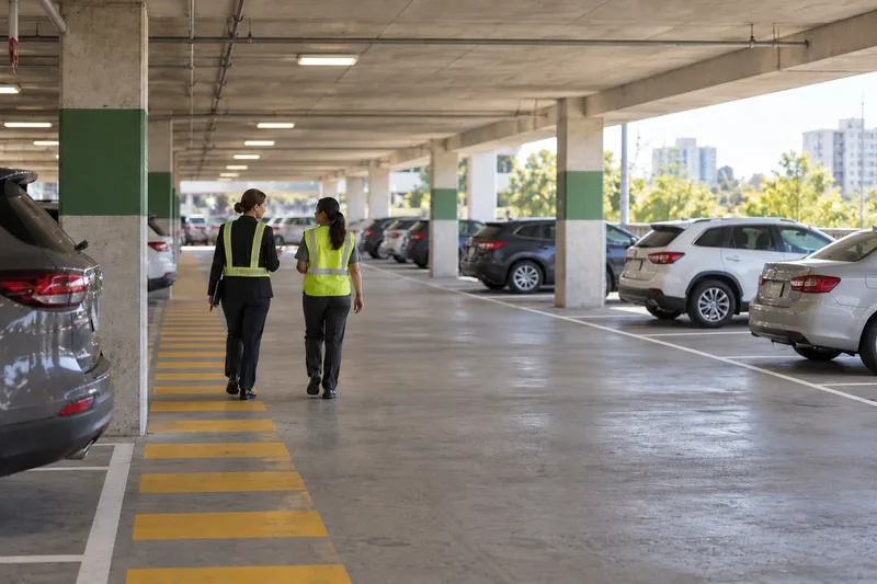 Two women in hi-vis vests walking a parking garage deck in daylight, cars parked in marked stalls along the open side. A generated scene.
