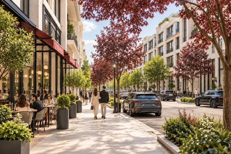A mixed-use street of shops with homes above, in daylight. A generated scene.