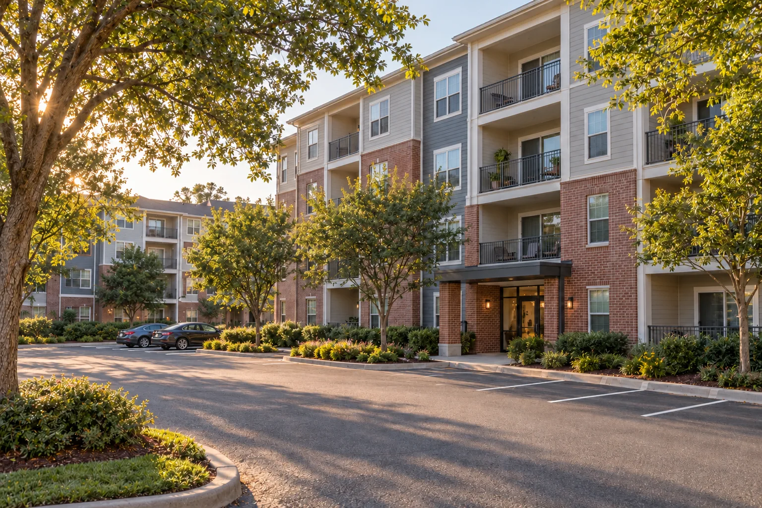An apartment community in warm afternoon light: brick buildings, a curved drive, and cars parked in their spaces.
