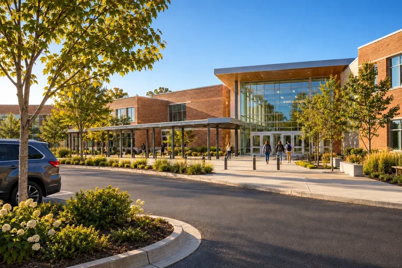 A contemporary school campus with a clear drop-off lane to its entrance, in daylight. A generated scene.