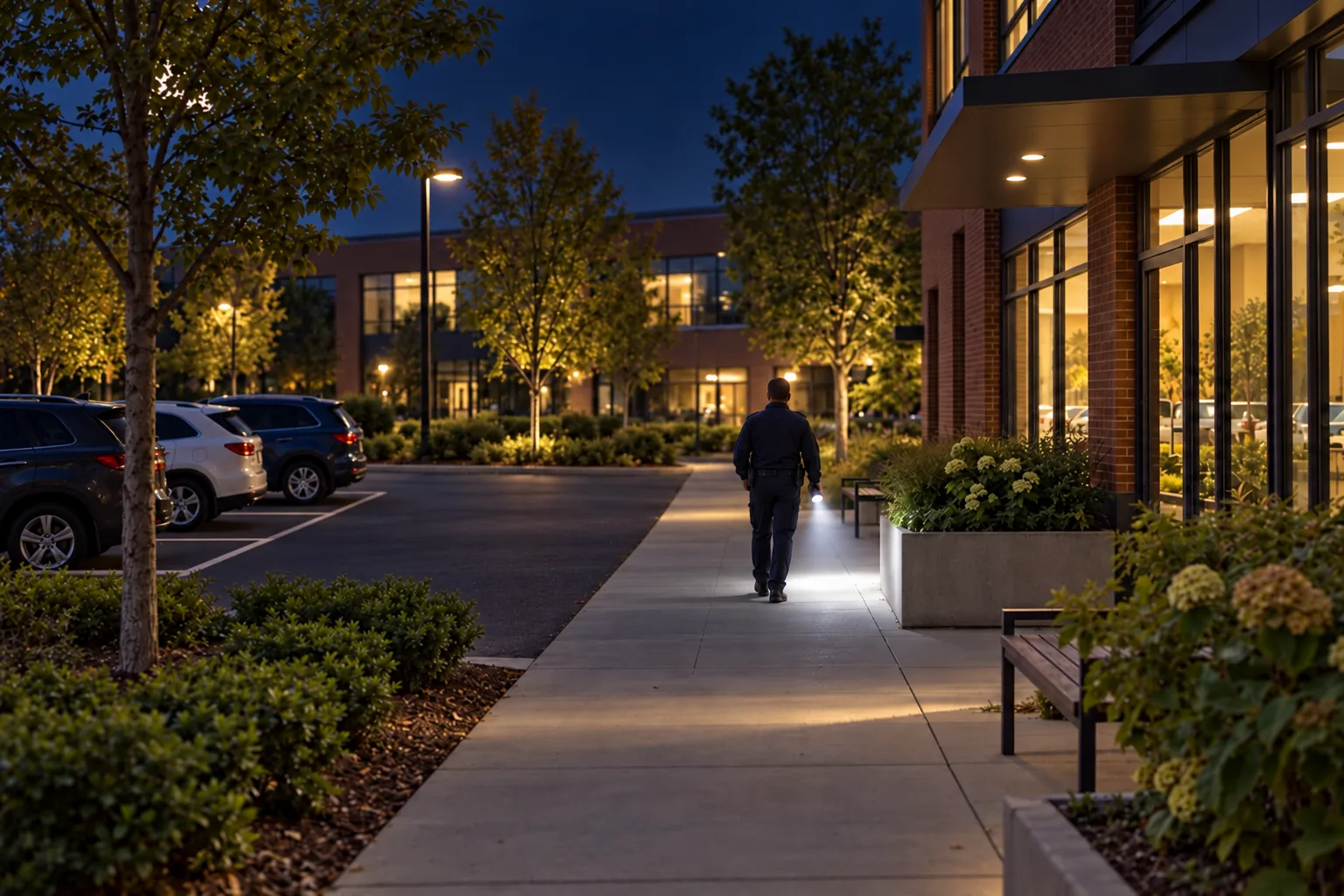 A security officer walking a property’s path at dusk, the building lit behind him.