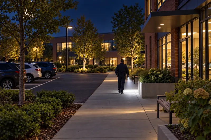 A security officer on an evening round, lighting the walkway beside an office building with a flashlight, cars parked in marked spaces beyond. A generated scene.