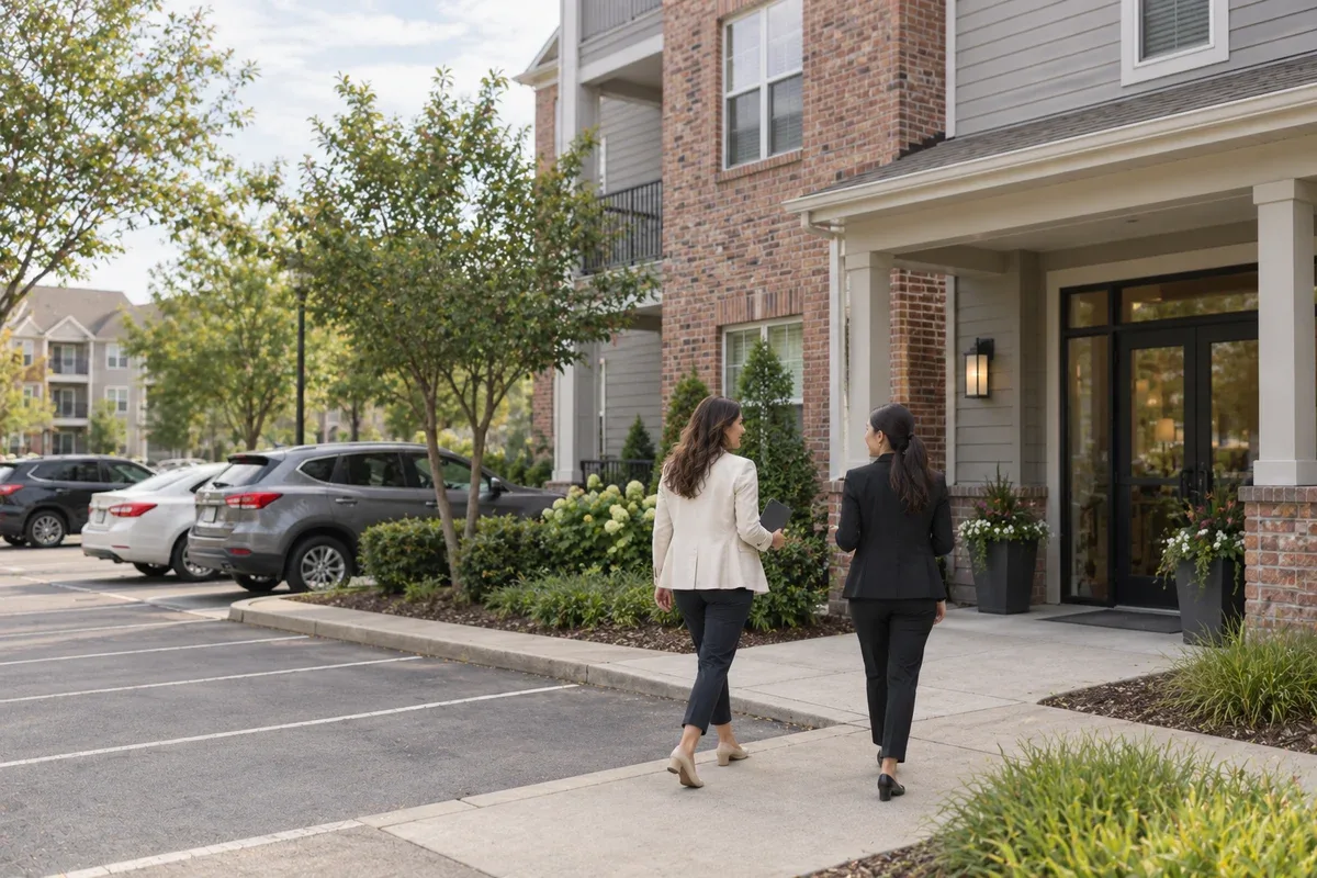 Two property managers walking out of a brick apartment building past the residents’ parking.