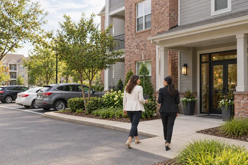 Two community staff walking toward an apartment clubhouse door in the morning, past a row of parked cars. A generated scene.