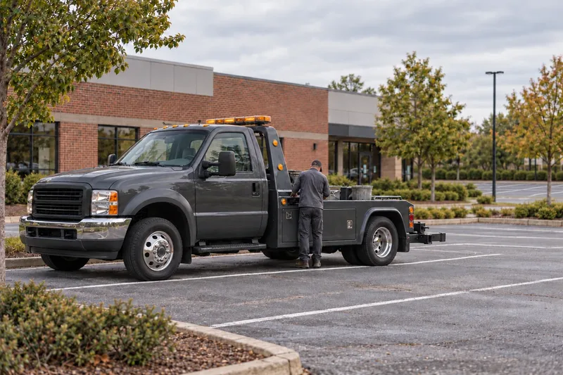 A light-duty wheel-lift tow truck parked in an office lot by day, its operator at the bed. A generated scene.
