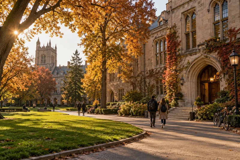 Limestone university buildings among autumn trees, in daylight. A generated scene.