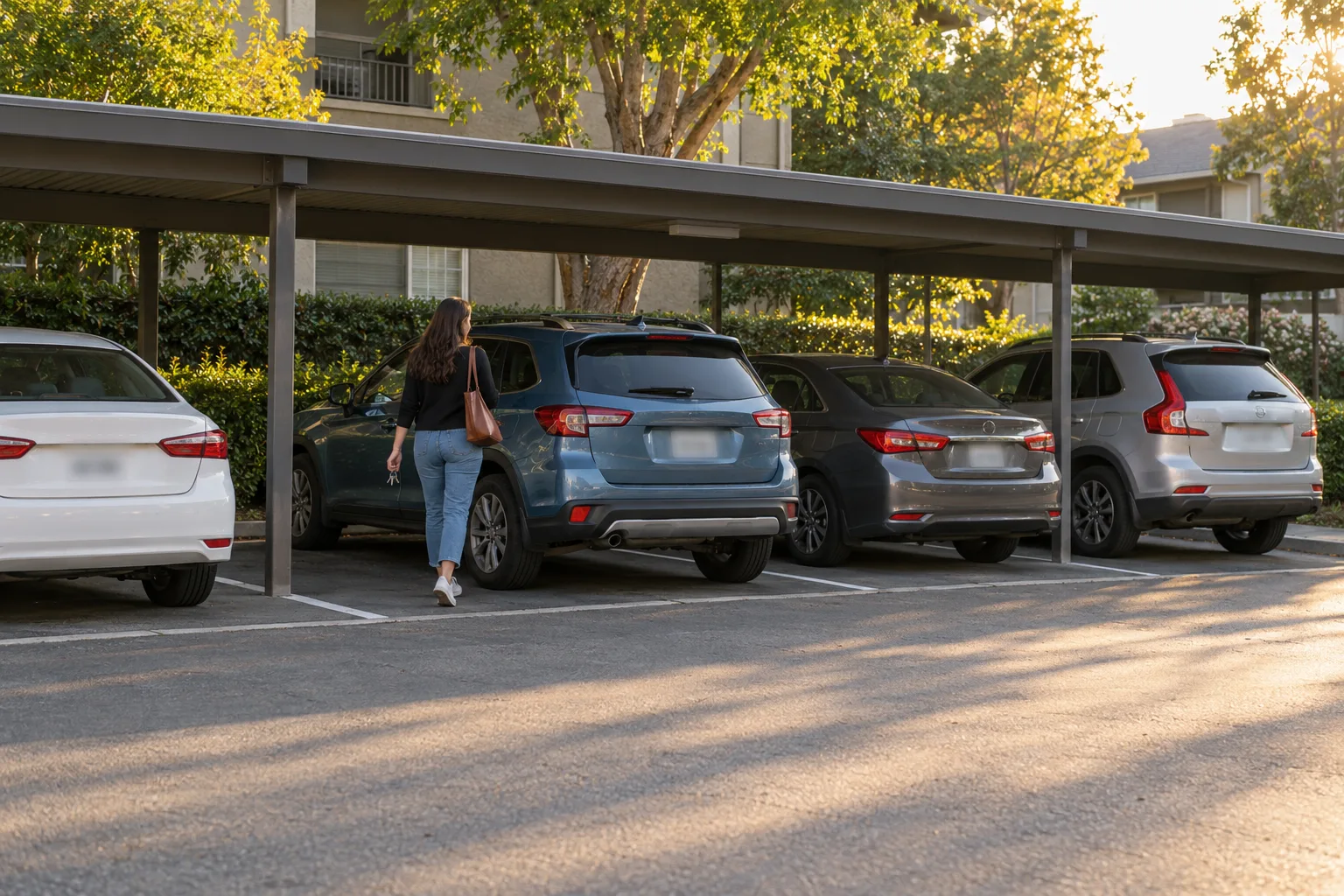 A woman carrying keys walks toward a blue car among four cars parked in marked spaces under apartment carports in warm evening sunlight.