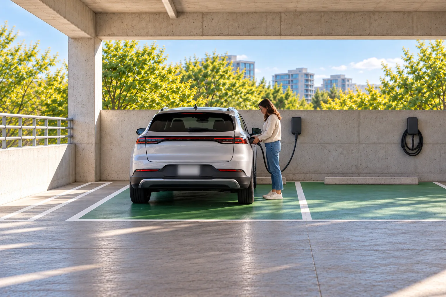 A resident plugs a charging connector into a silver crossover parked in a green EV space in a sunlit open-sided concrete garage.