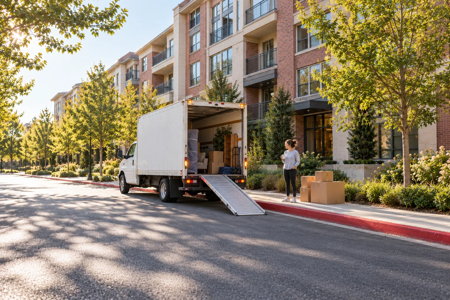A white moving truck with its ramp down beside a red curb outside an apartment building, with boxes and a resident holding coffee on the sidewalk.