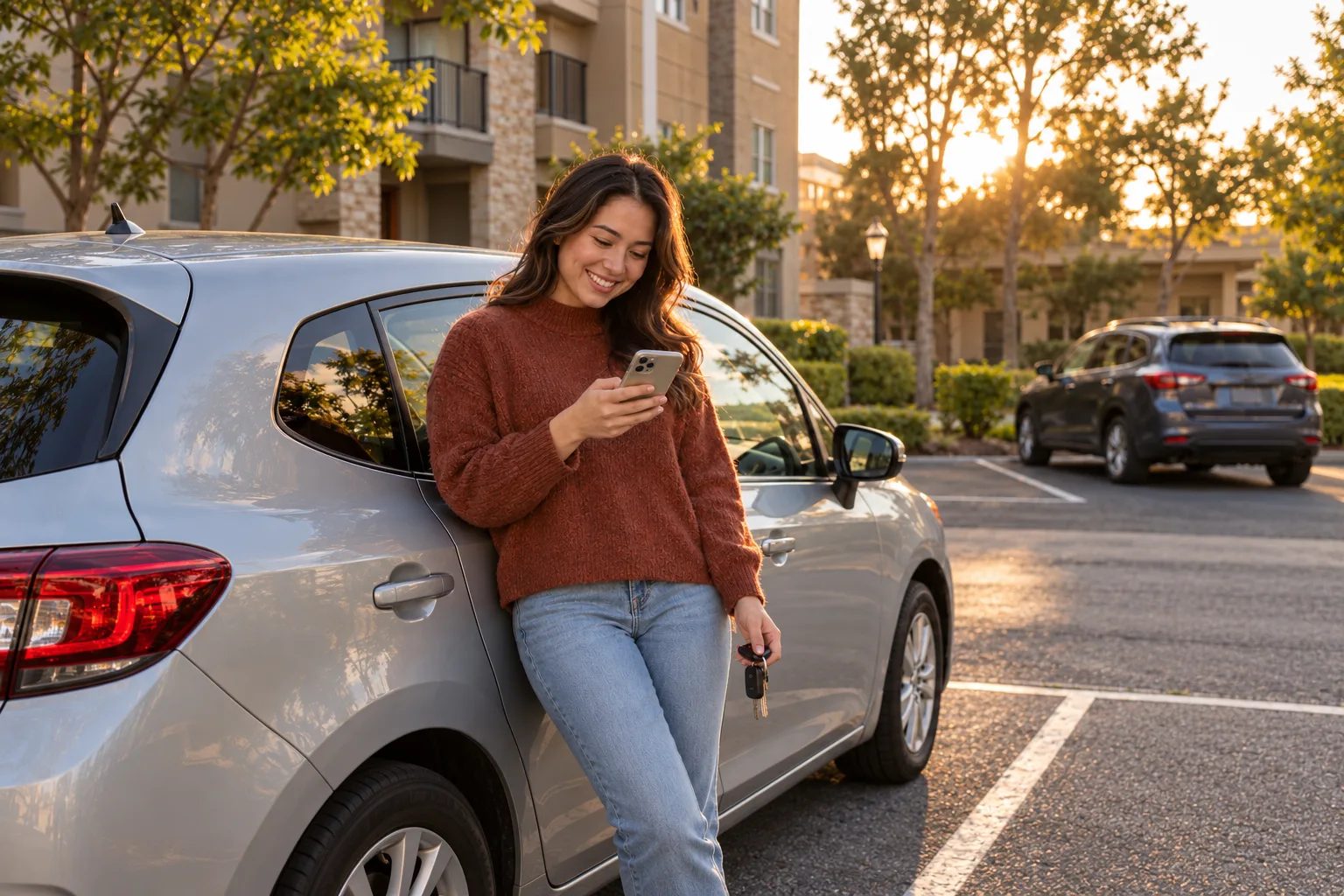 A smiling resident leans against a silver car while holding a phone and car keys in an apartment parking lot.