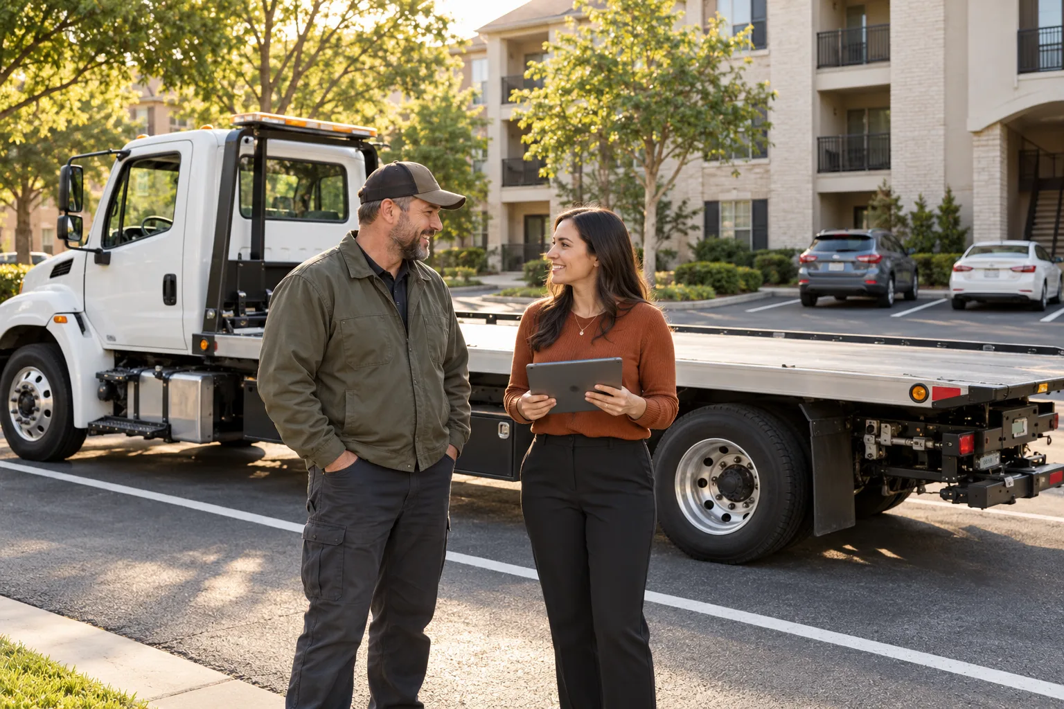 A tow operator and a property manager holding a tablet talk beside an empty flatbed truck in an apartment parking lot.