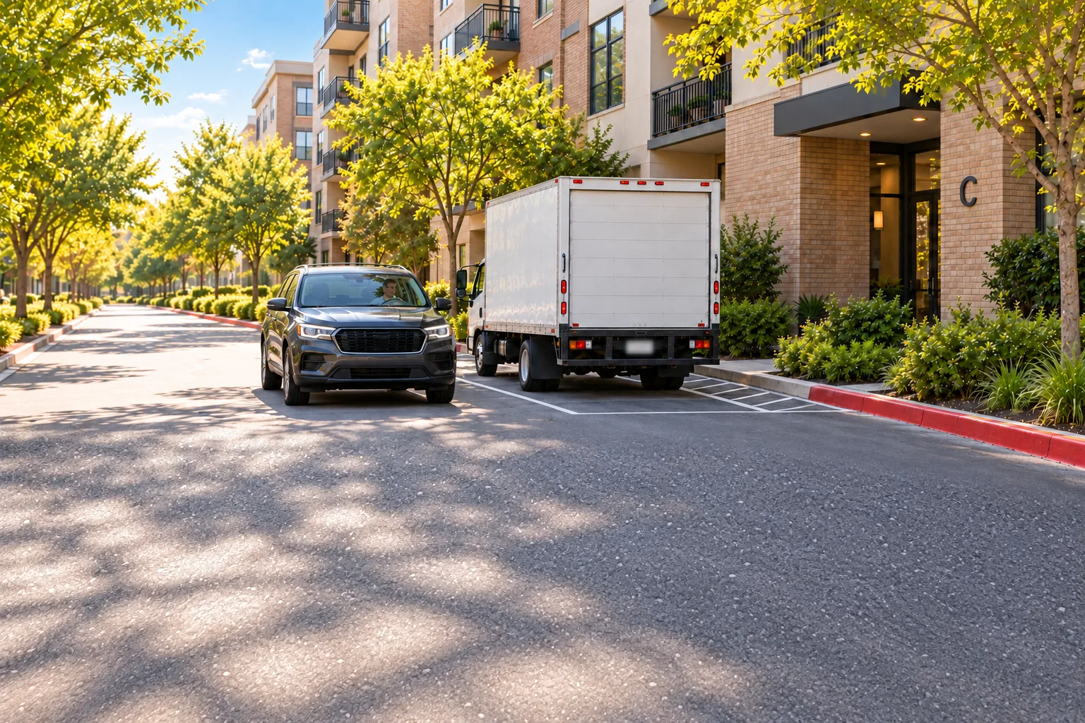A white box truck parked in a marked loading area beside apartment Building C, a plain dark patrol SUV passing in the aisle, and the red-curbed fire lane clear.