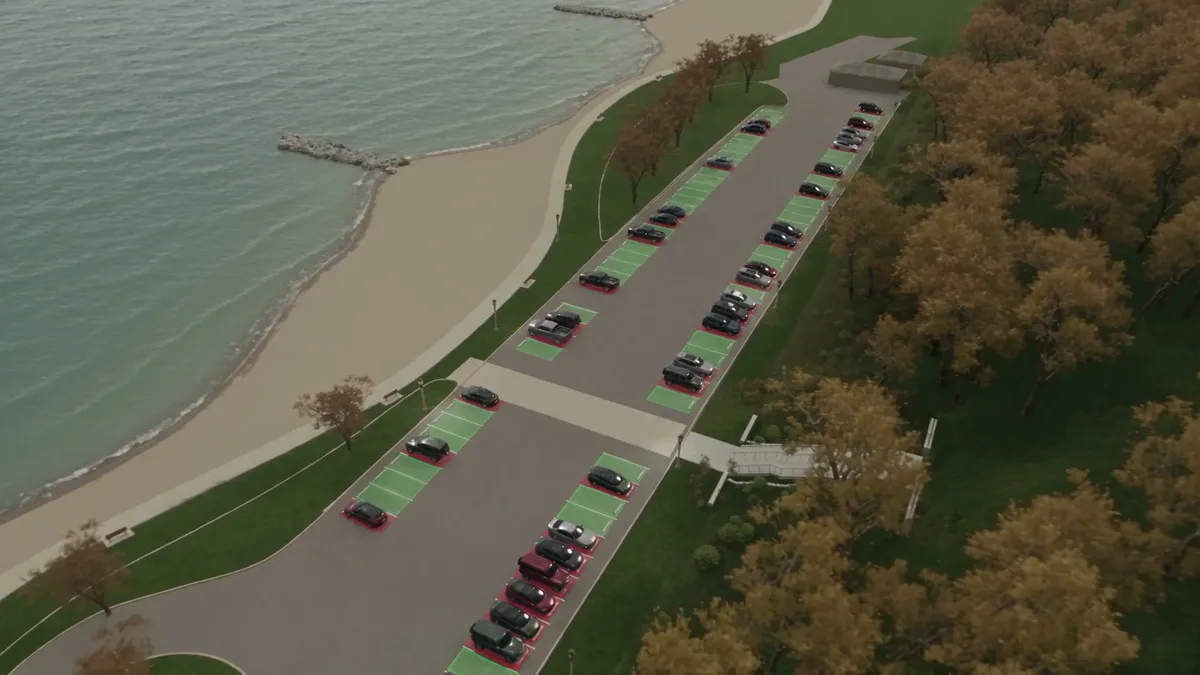 A reconstructed view of the Forest Park Beach parking in Lake Forest, beside Lake Michigan.
