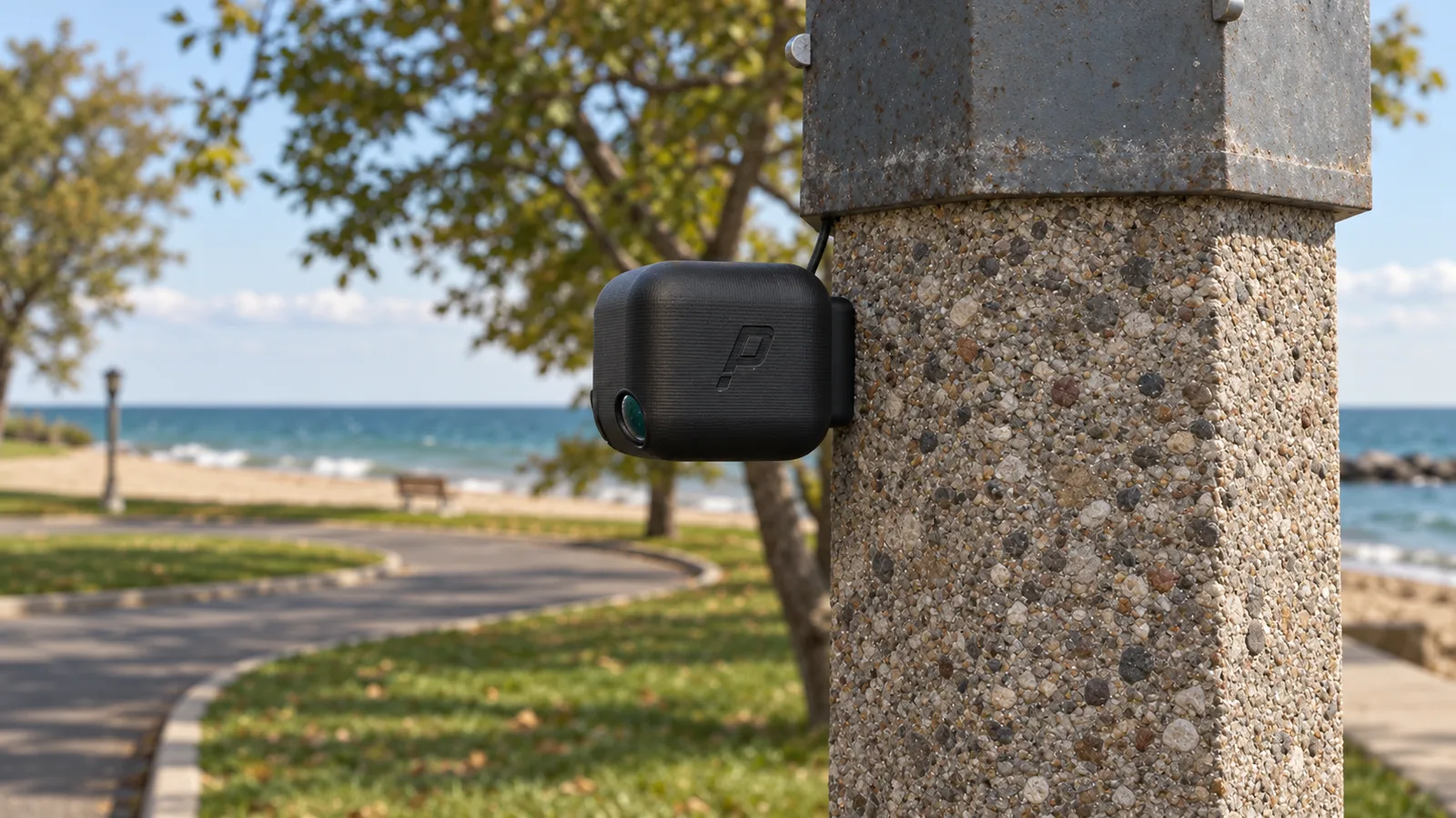 A reconstructed view of a Parkva Flow camera, a small black housing, on a concrete lamp post beside a beach path.