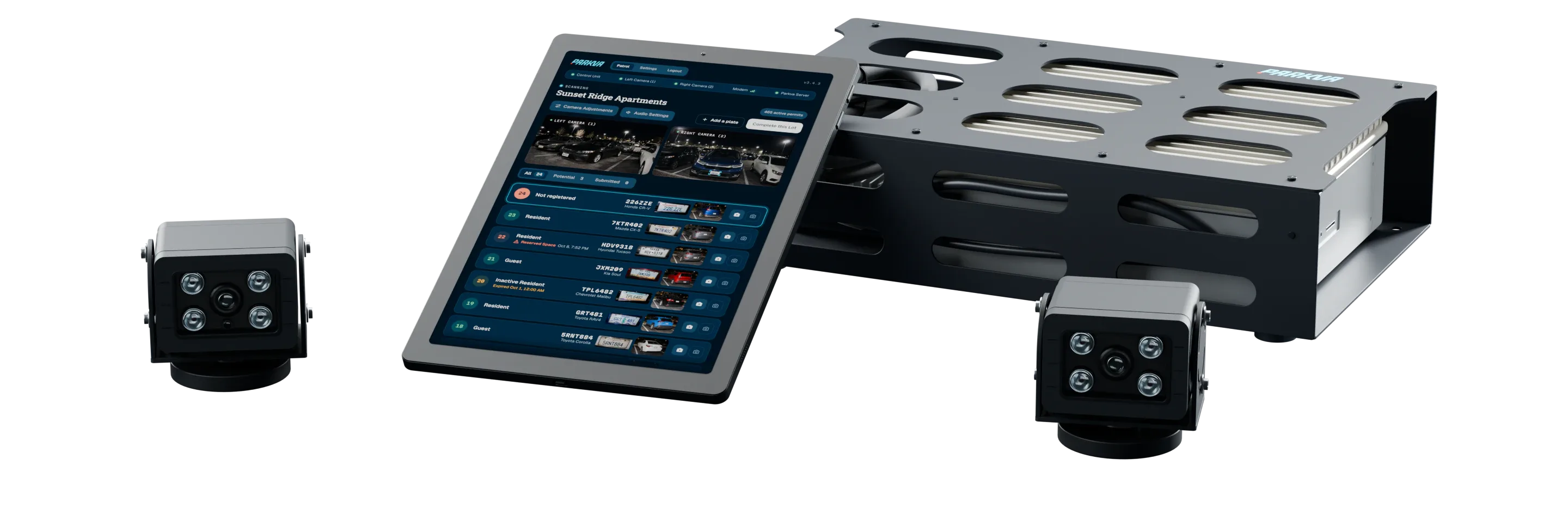 The Parkva Patrol hardware: two infrared cameras, the control unit, and the driver’s tablet scanning a lot, its newest read not registered. Demo data.