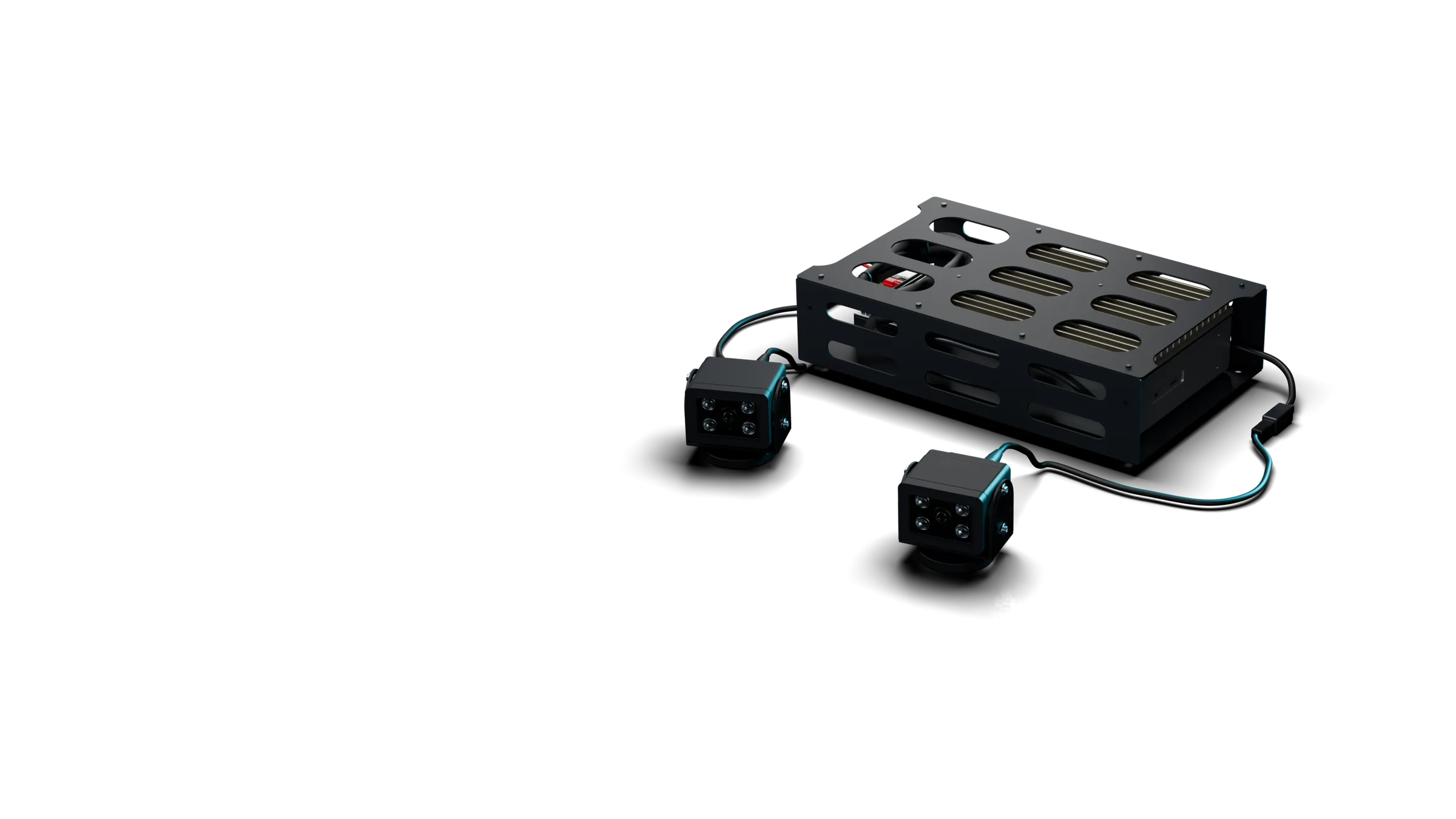 A rendering of the Parkva Patrol hardware on a dark studio floor: two infrared cameras, faces forward, cabled to the compact control unit, a cyan light along their edges.