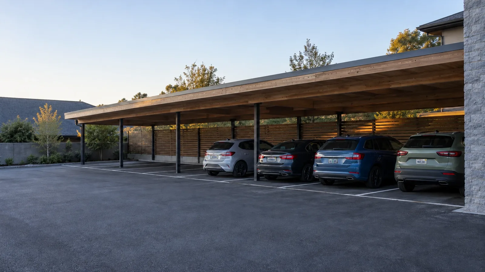 A covered parking deck at first light: a few cars nose-in under a long timber and steel roof beside a stone building. A generated scene.