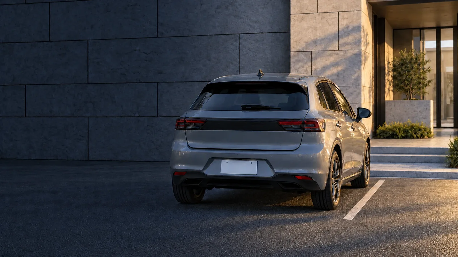 The same car in the same stall the next morning, low sun on the stone beside the building’s entry. A generated scene.