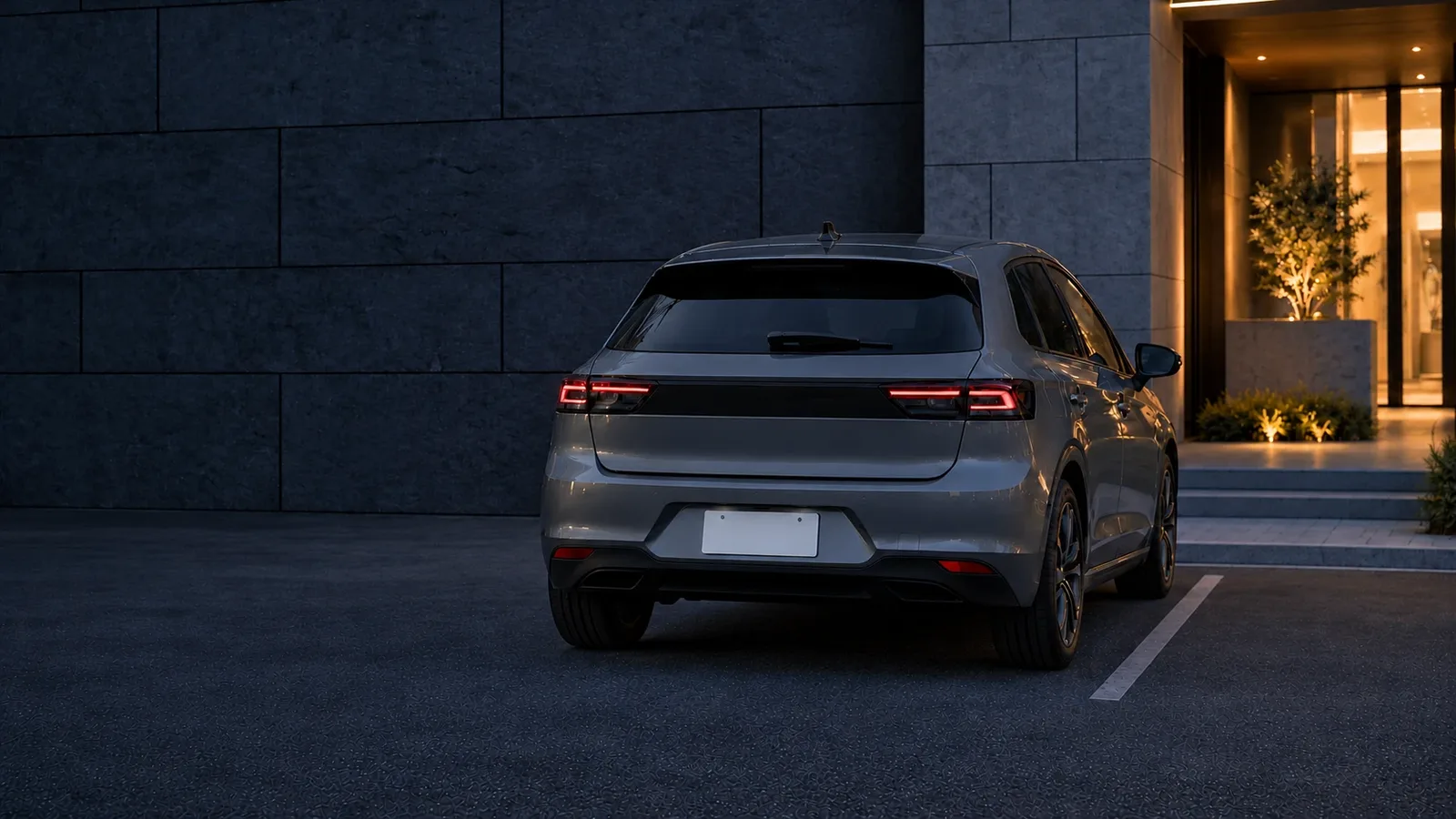 A resident’s car parked in its stall beside the lit entry of a stone building at blue hour, seen from behind. A generated scene.