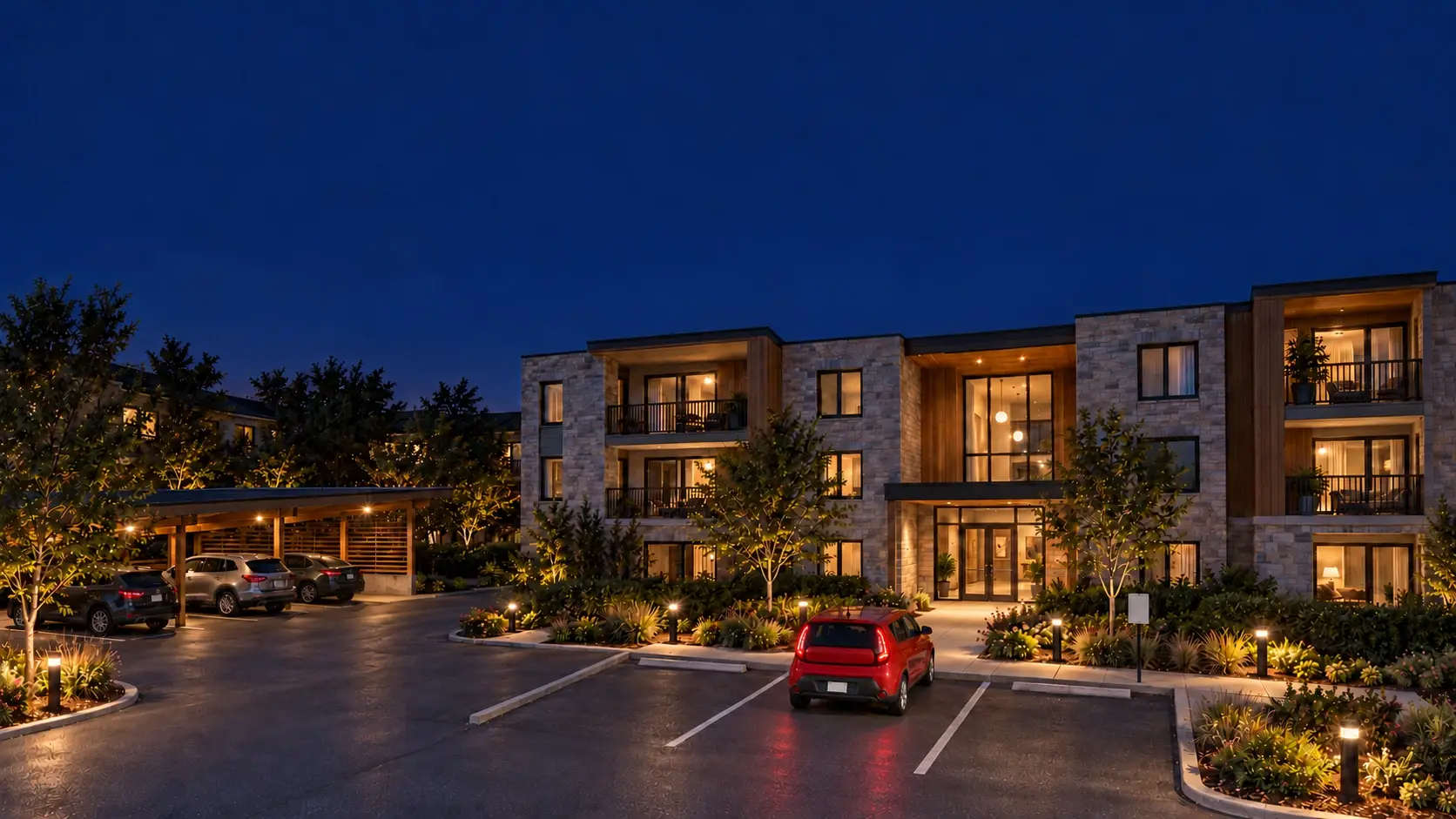 An apartment community’s entry court at dusk: a lit glass lobby, guest spaces by the entrance, and a red crossover easing into one. A generated scene.
