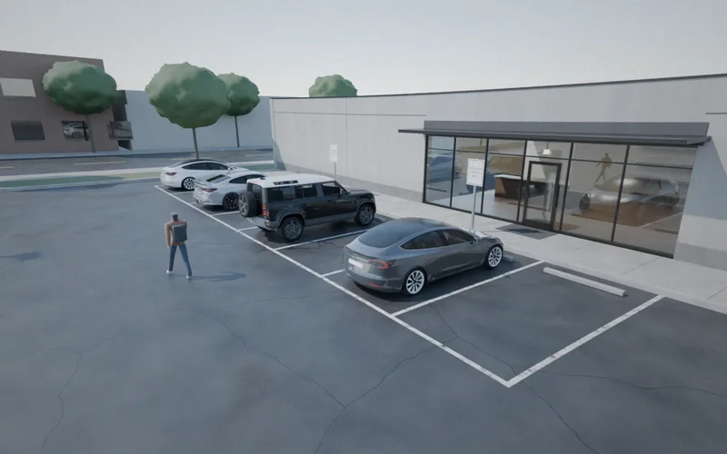 From a wall camera: the car parked by the shop’s door, its driver walking away from the store toward the street.