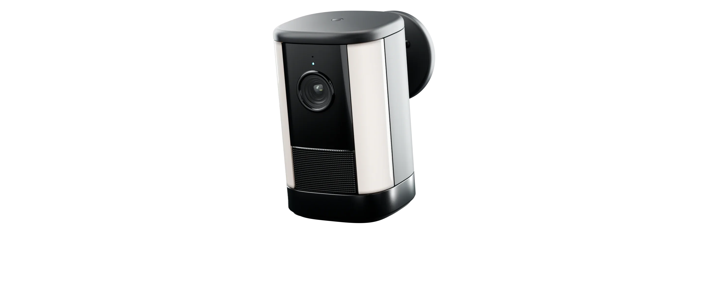 A rendering of an outdoor camera on its wall plate: black, its light bars lit, and its status light on.